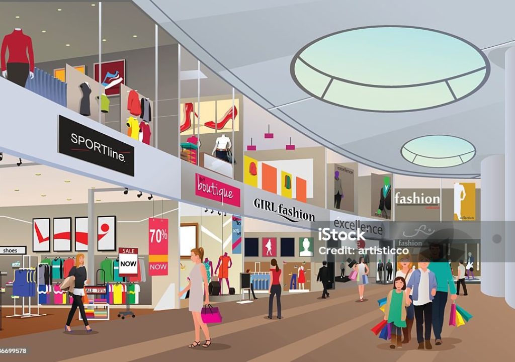 A vector illustration of people  shopping in a mall